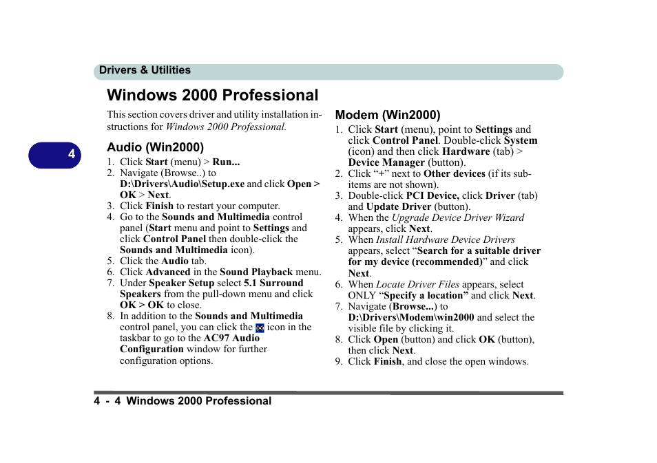 Windows 2000 professional, Audio (win2000), Modem (win2000) | Windows 2000 professional -4, Audio (win2000) -4 modem (win2000) -4 | Eurocom D270ES VIPER User Manual | Page 93 / 153