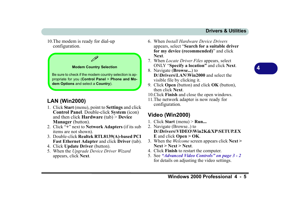 Modem country selection, Lan (win2000), Video (win2000) | Lan (win2000) -5 video (win2000) -5 | Eurocom D270ES VIPER User Manual | Page 94 / 153