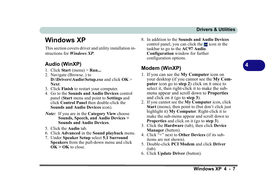 Windows xp, Audio (winxp), Modem (winxp) | Windows xp -7, Audio (winxp) -7 modem (winxp) -7 | Eurocom D270ES VIPER User Manual | Page 96 / 153