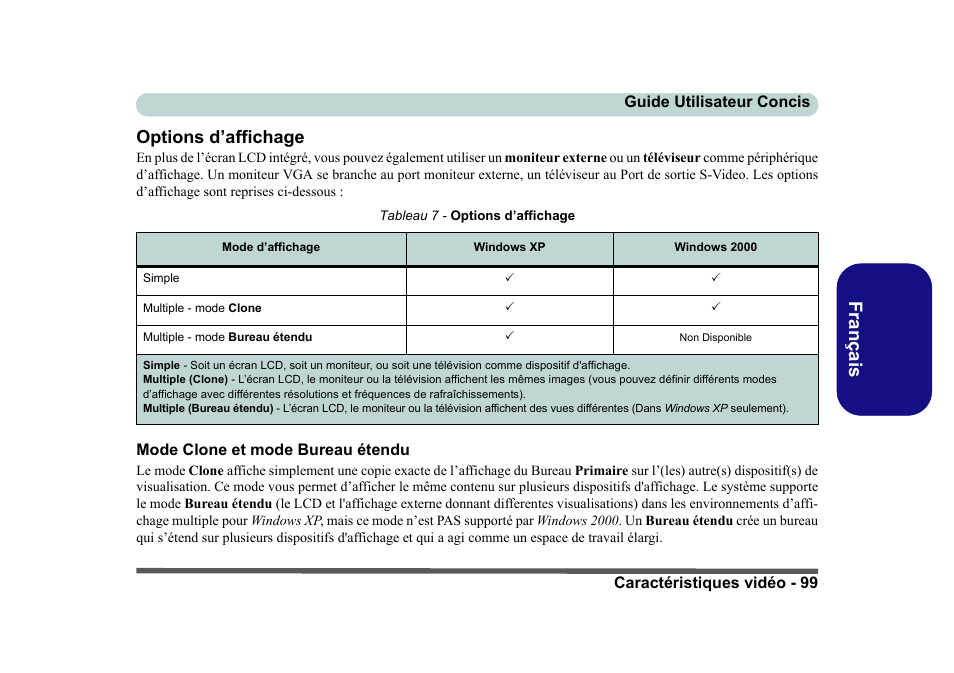 Options d’affichage, Mode clone et mode bureau étendu, Fr anç ais options d’affichage | Eurocom D40EV IMPRESSA User Manual | Page 105 / 206