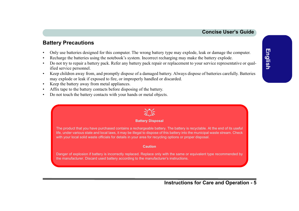 Battery precautions, English | Eurocom D40EV IMPRESSA User Manual | Page 11 / 206