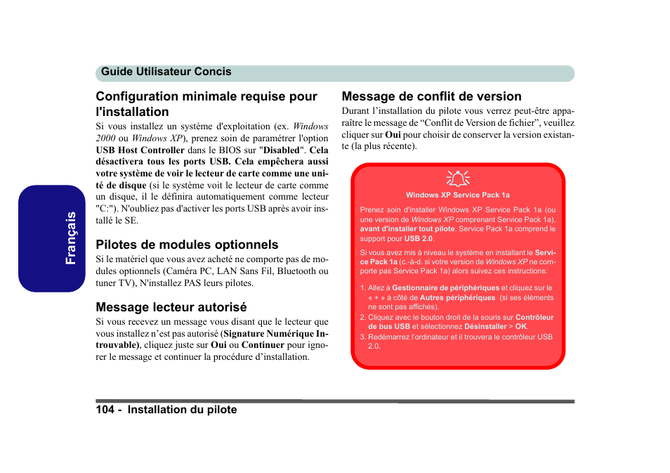 Configuration minimale requise pour l'installation, Pilotes de modules optionnels, Message lecteur autorisé | Message de conflit de version | Eurocom D40EV IMPRESSA User Manual | Page 110 / 206
