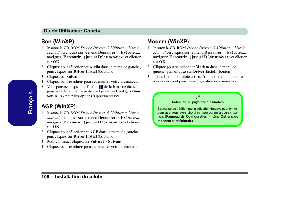 Son (winxp), Agp (winxp), Modem (winxp) | Français son (winxp) | Eurocom D40EV IMPRESSA User Manual | Page 112 / 206