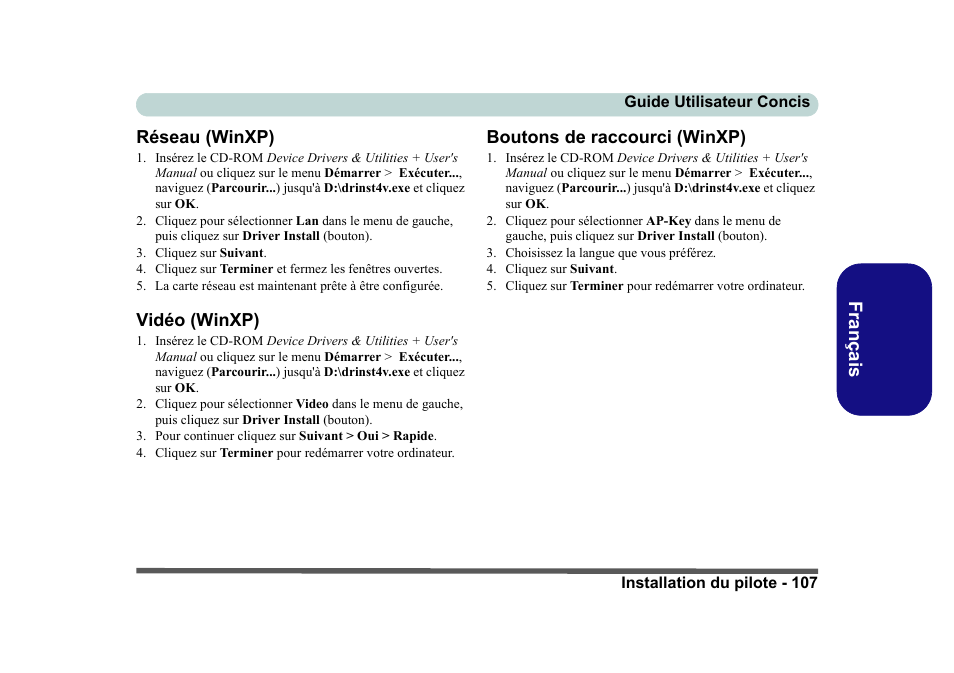 Réseau (winxp), Vidéo (winxp), Boutons de raccourci (winxp) | Eurocom D40EV IMPRESSA User Manual | Page 113 / 206