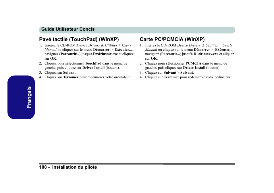 Pavé tactile (touchpad) (winxp), Carte pc/pcmcia (winxp), Français pavé tactile (touchpad) (winxp) | Eurocom D40EV IMPRESSA User Manual | Page 114 / 206