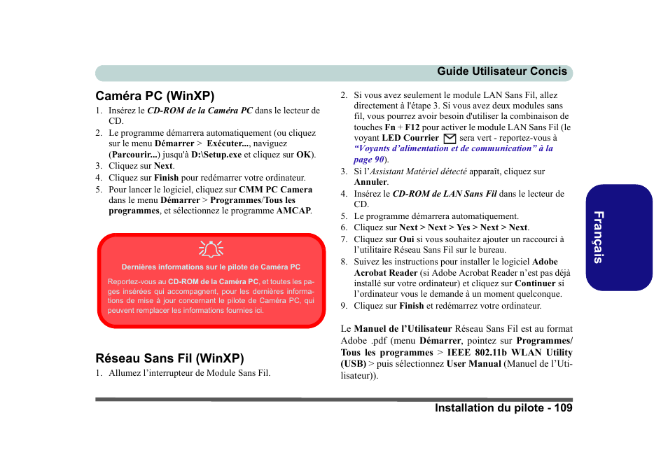 Caméra pc (winxp), Réseau sans fil (winxp), Fr anç ais caméra pc (winxp) | Eurocom D40EV IMPRESSA User Manual | Page 115 / 206