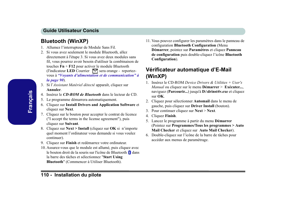 Bluetooth (winxp), Vérificateur automatique d’e-mail (winxp), Français bluetooth (winxp) | Eurocom D40EV IMPRESSA User Manual | Page 116 / 206