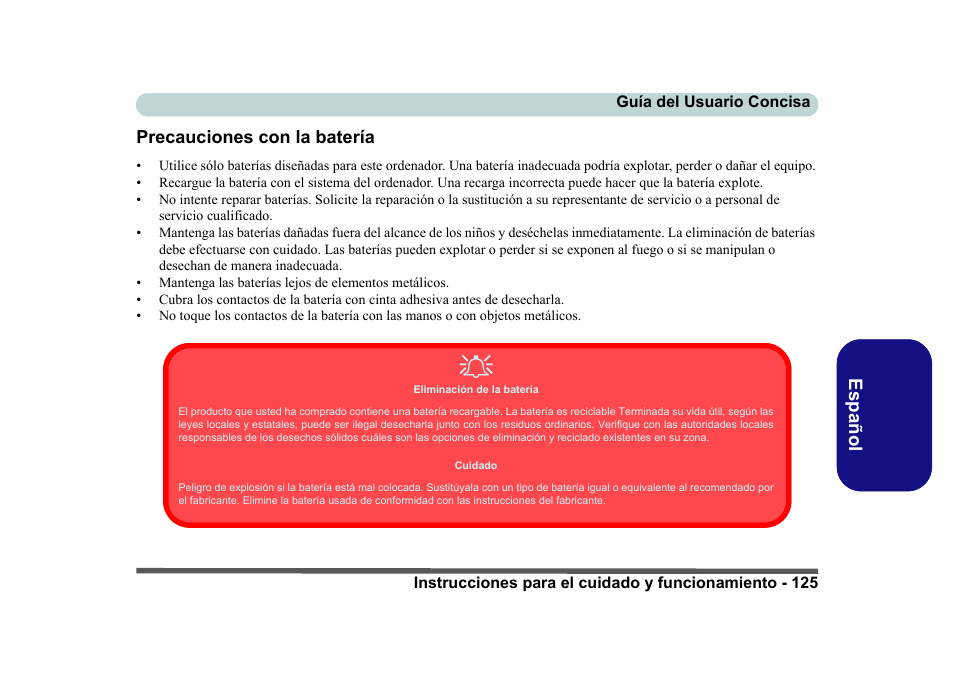 Precauciones con la batería, Es pa ñol precauciones con la batería | Eurocom D40EV IMPRESSA User Manual | Page 131 / 206