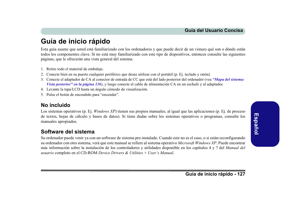 Guía de inicio rápido, No incluido, Software del sistema | Eurocom D40EV IMPRESSA User Manual | Page 133 / 206
