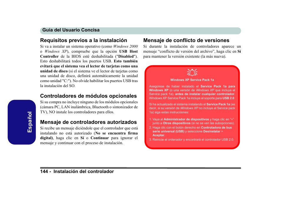 Requisitos previos a la instalación, Controladores de módulos opcionales, Mensaje de controladores autorizados | Mensaje de conflicto de versiones, Español requisitos previos a la instalación | Eurocom D40EV IMPRESSA User Manual | Page 150 / 206