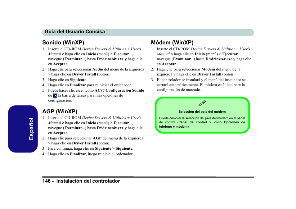 Sonido (winxp), Agp (winxp), Módem (winxp) | Español sonido (winxp) | Eurocom D40EV IMPRESSA User Manual | Page 152 / 206