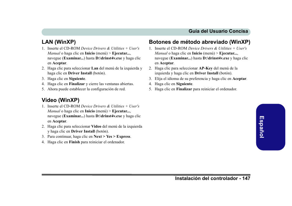 Lan (winxp), Vídeo (winxp), Botones de método abreviado (winxp) | Es pa ñol lan (winxp) | Eurocom D40EV IMPRESSA User Manual | Page 153 / 206