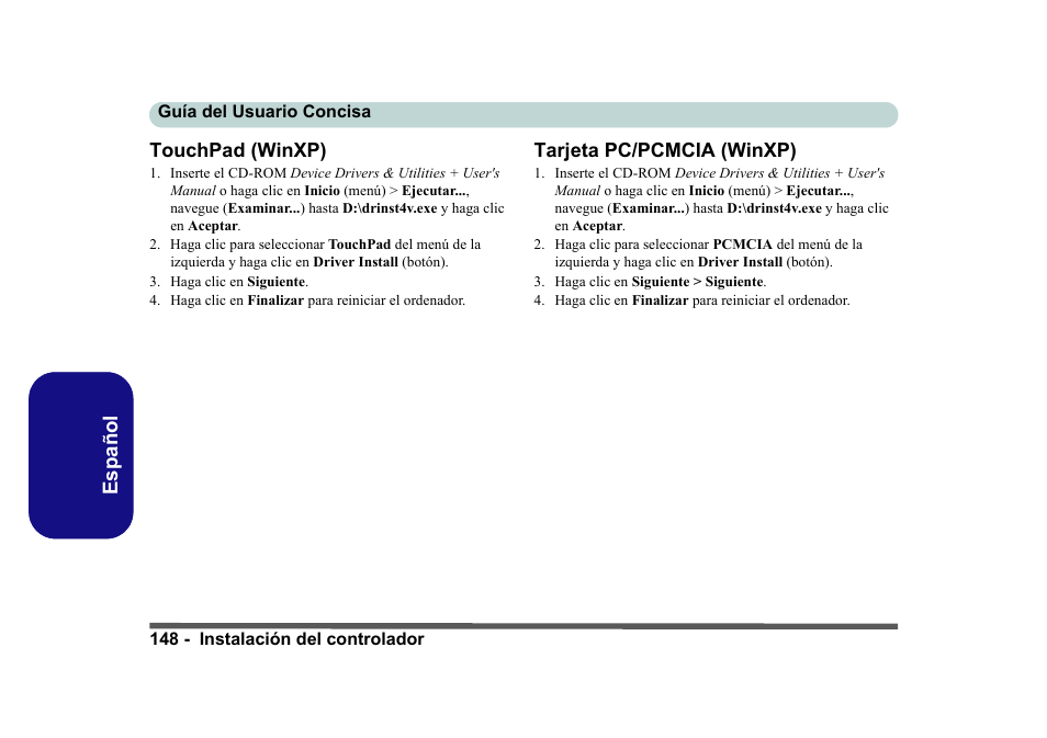 Touchpad (winxp), Tarjeta pc/pcmcia (winxp), Español touchpad (winxp) | Eurocom D40EV IMPRESSA User Manual | Page 154 / 206