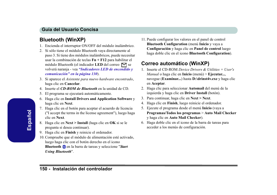 Bluetooth (winxp), Correo automático (winxp), Español bluetooth (winxp) | Eurocom D40EV IMPRESSA User Manual | Page 156 / 206