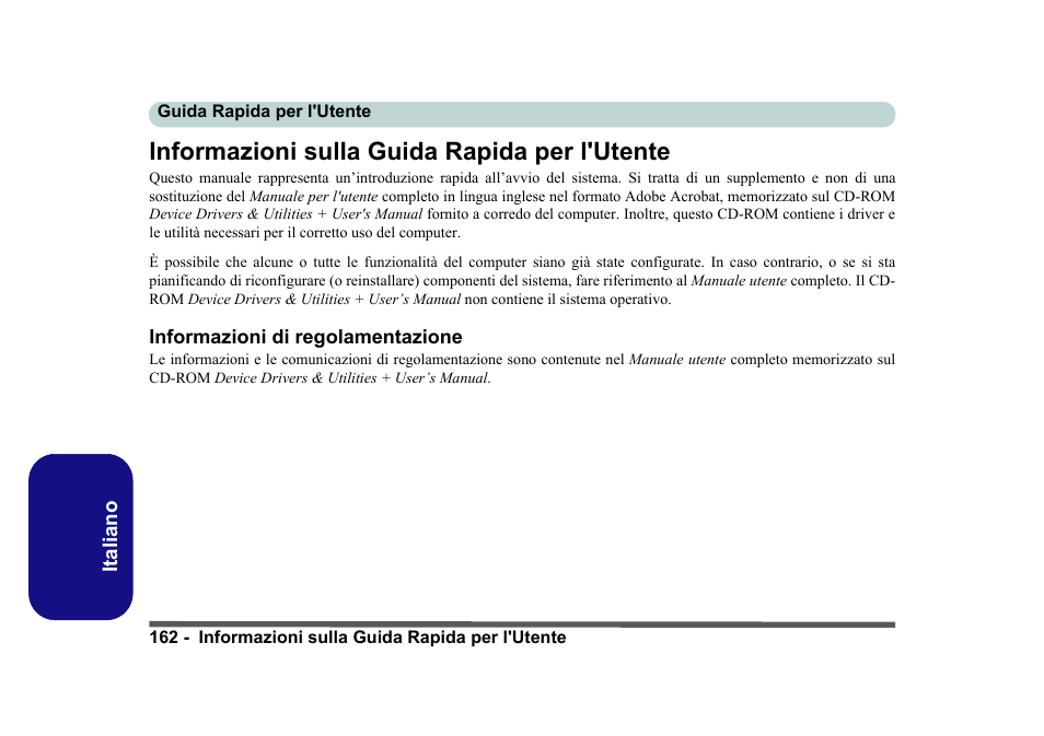 Informazioni sulla guida rapida per l'utente, Informazioni di regolamentazione | Eurocom D40EV IMPRESSA User Manual | Page 168 / 206