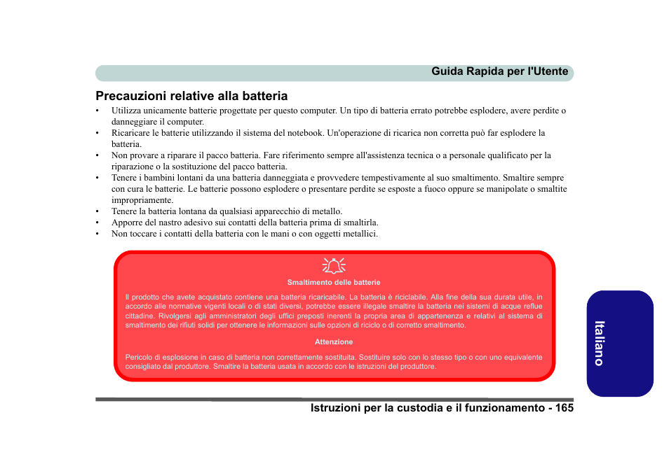 Precauzioni relative alla batteria, Italiano precauzioni relative alla batteria | Eurocom D40EV IMPRESSA User Manual | Page 171 / 206