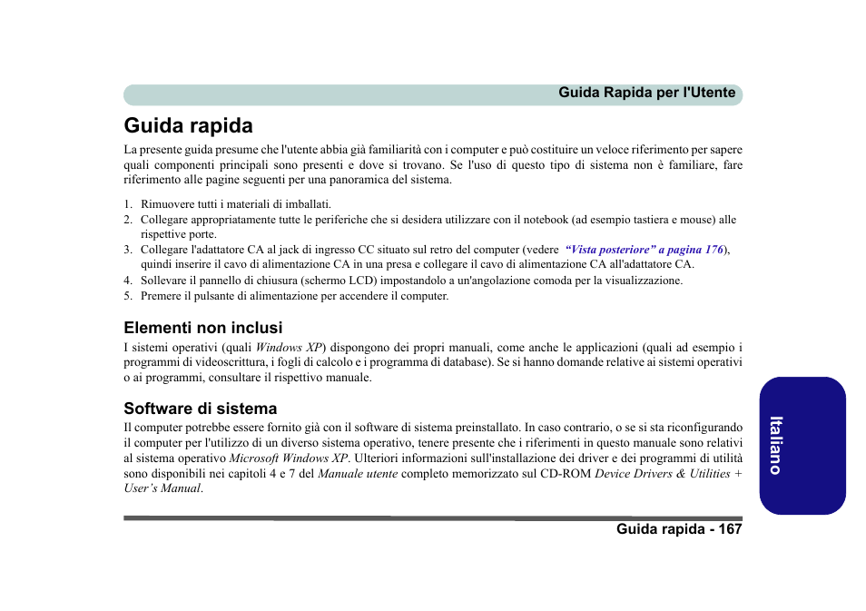 Guida rapida, Elementi non inclusi, Software di sistema | Eurocom D40EV IMPRESSA User Manual | Page 173 / 206