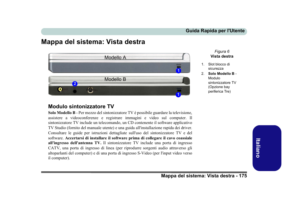 Mappa del sistema: vista destra, Italiano, Modulo sintonizzatore tv | Eurocom D40EV IMPRESSA User Manual | Page 181 / 206