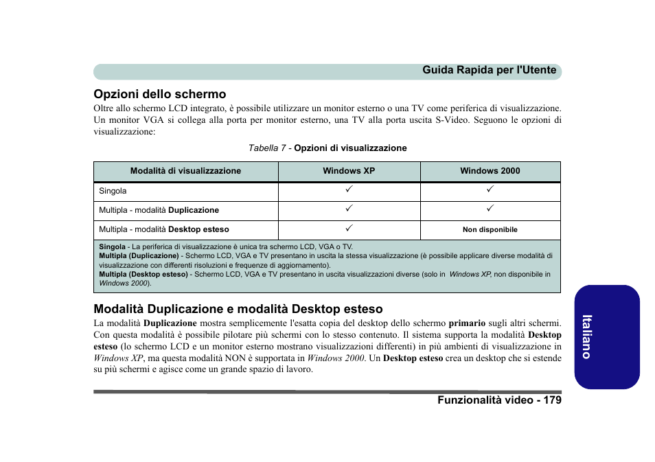 Opzioni dello schermo, Modalità duplicazione e modalità desktop esteso, Italiano opzioni dello schermo | Eurocom D40EV IMPRESSA User Manual | Page 185 / 206