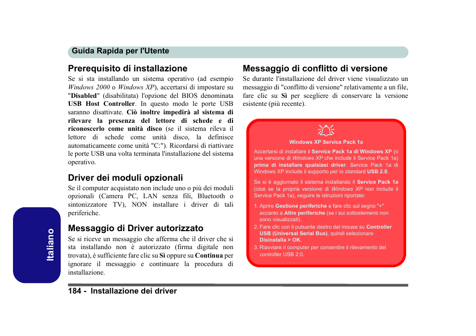 Prerequisito di installazione, Driver dei moduli opzionali, Messaggio di driver autorizzato | Messaggio di conflitto di versione, Italiano prerequisito di installazione | Eurocom D40EV IMPRESSA User Manual | Page 190 / 206
