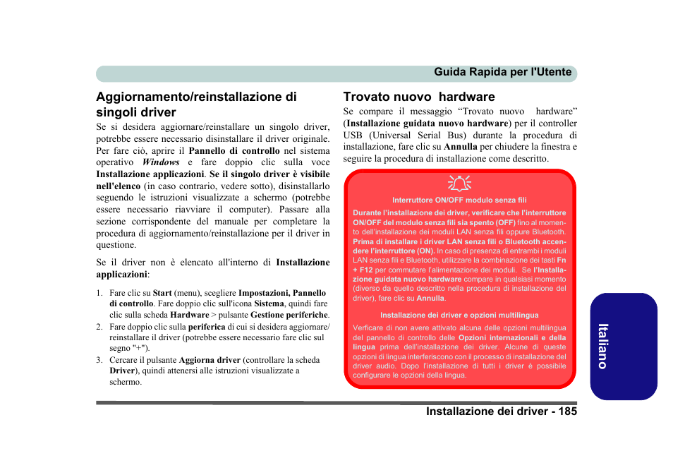 Aggiornamento/reinstallazione di singoli driver, Trovato nuovo hardware | Eurocom D40EV IMPRESSA User Manual | Page 191 / 206