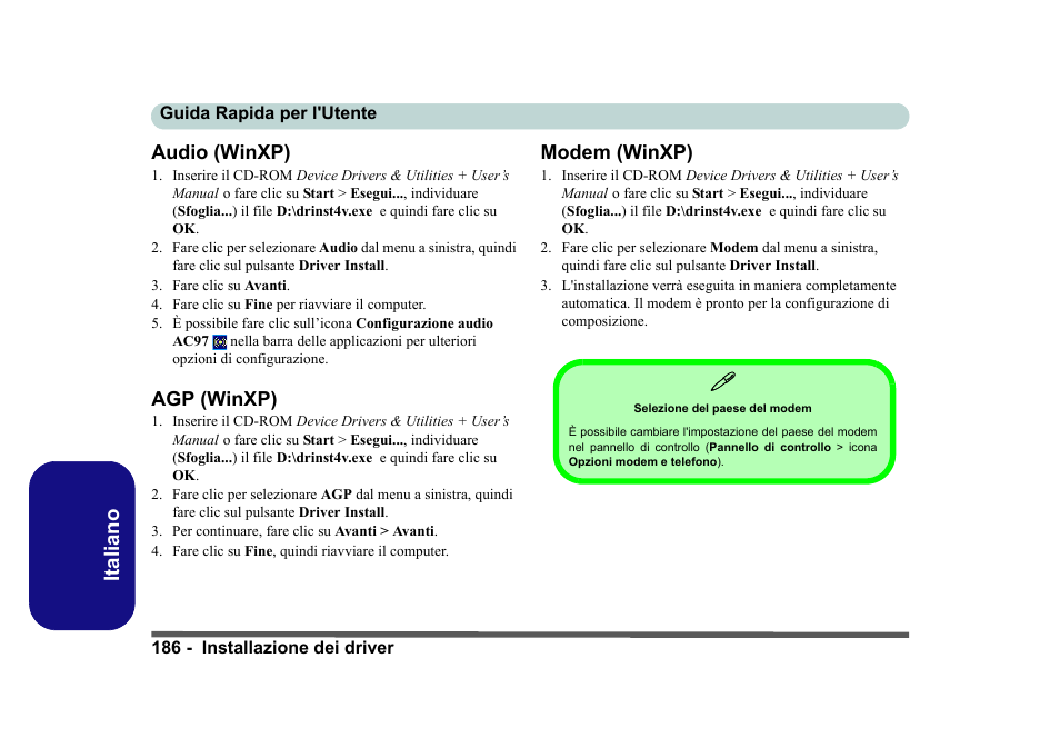 Audio (winxp), Agp (winxp), Modem (winxp) | Italiano audio (winxp) | Eurocom D40EV IMPRESSA User Manual | Page 192 / 206