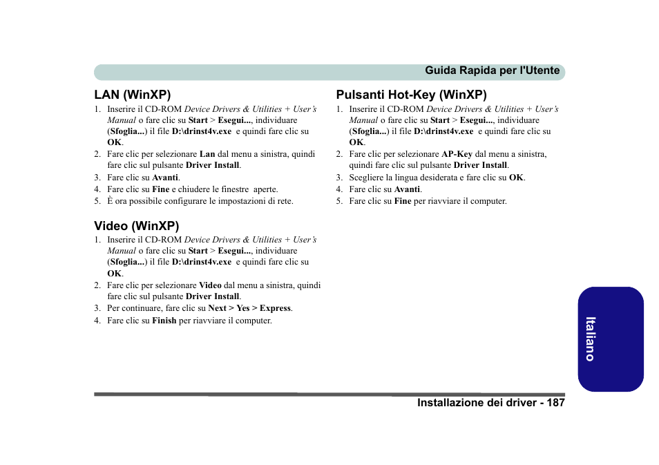 Lan (winxp), Video (winxp), Pulsanti hot-key (winxp) | Italiano lan (winxp) | Eurocom D40EV IMPRESSA User Manual | Page 193 / 206