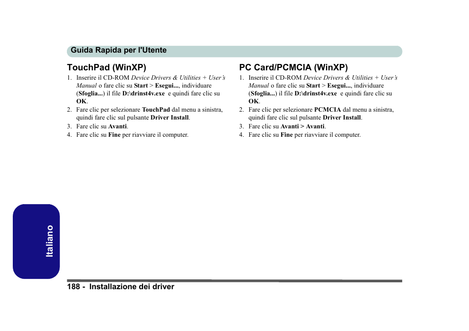 Touchpad (winxp), Pc card/pcmcia (winxp), Italiano touchpad (winxp) | Eurocom D40EV IMPRESSA User Manual | Page 194 / 206