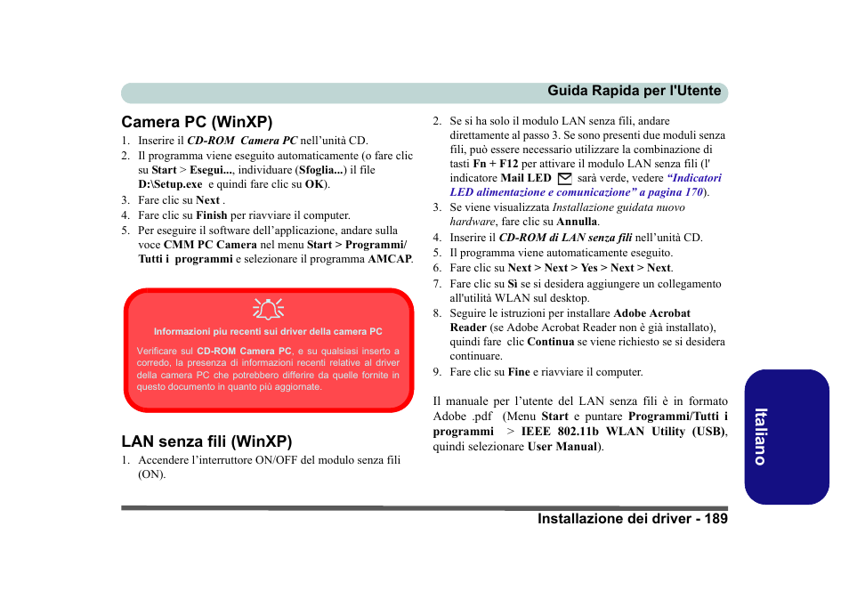 Camera pc (winxp), Lan senza fili (winxp), Italiano camera pc (winxp) | Eurocom D40EV IMPRESSA User Manual | Page 195 / 206