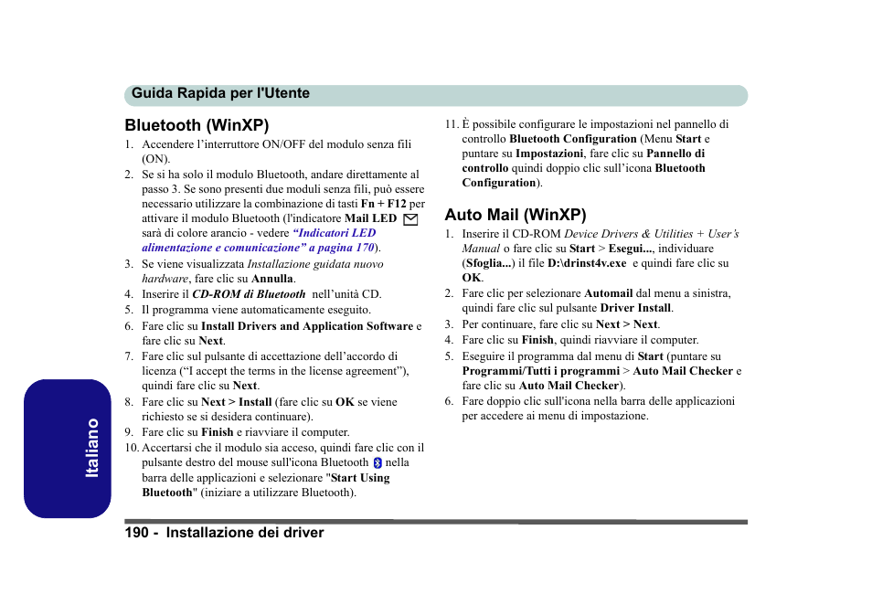 Bluetooth (winxp), Auto mail (winxp), Italiano bluetooth (winxp) | Eurocom D40EV IMPRESSA User Manual | Page 196 / 206