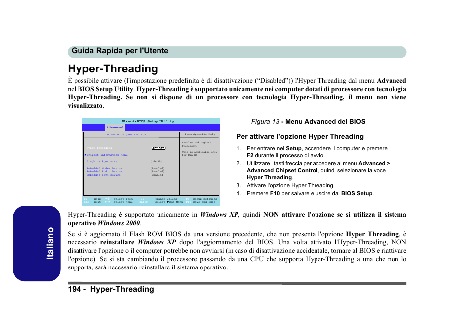 Hyper-threading, Italiano, 194 - hyper-threading guida rapida per l'utente | Per attivare l'opzione hyper threading, Figura 13 - menu advanced del bios | Eurocom D40EV IMPRESSA User Manual | Page 200 / 206