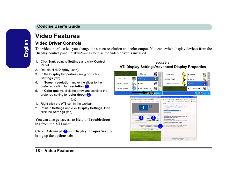 Video features, Video driver controls, English | Eurocom D40EV IMPRESSA User Manual | Page 24 / 206