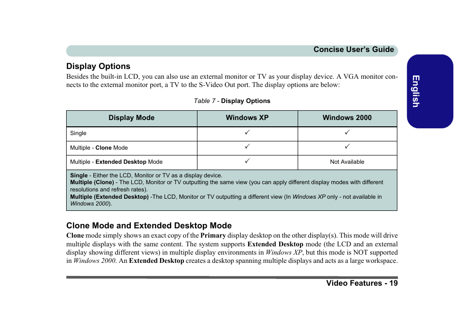 Display options, Clone mode and extended desktop mode, English | Eurocom D40EV IMPRESSA User Manual | Page 25 / 206