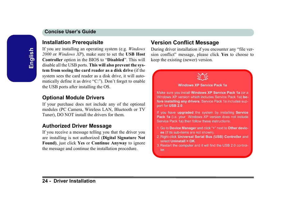 Installation prerequisite, Optional module drivers, Authorized driver message | Version conflict message, English | Eurocom D40EV IMPRESSA User Manual | Page 30 / 206