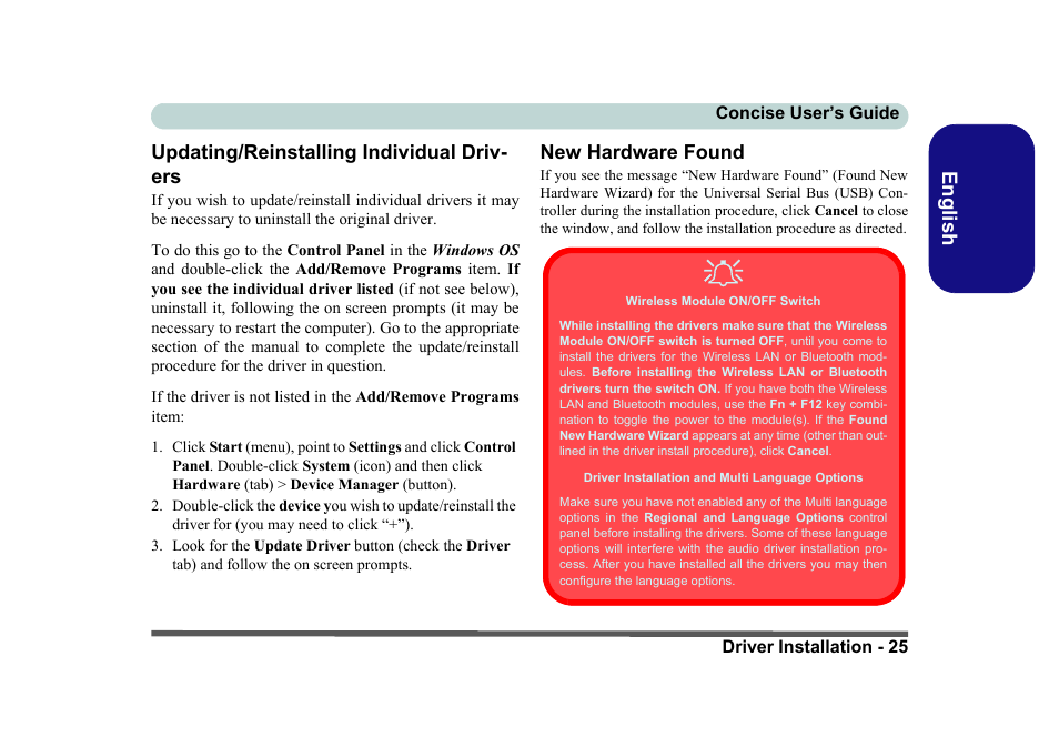 Updating/reinstalling individual driv ers, New hardware found | Eurocom D40EV IMPRESSA User Manual | Page 31 / 206