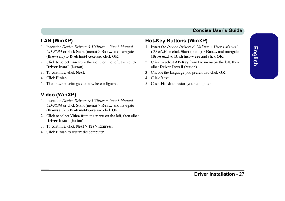 Lan (winxp), Video (winxp), Hot-key buttons (winxp) | English | Eurocom D40EV IMPRESSA User Manual | Page 33 / 206