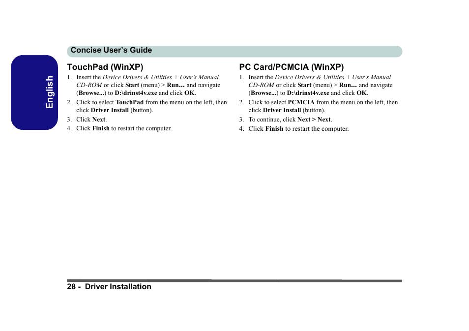 Touchpad (winxp), Pc card/pcmcia (winxp), English | Eurocom D40EV IMPRESSA User Manual | Page 34 / 206