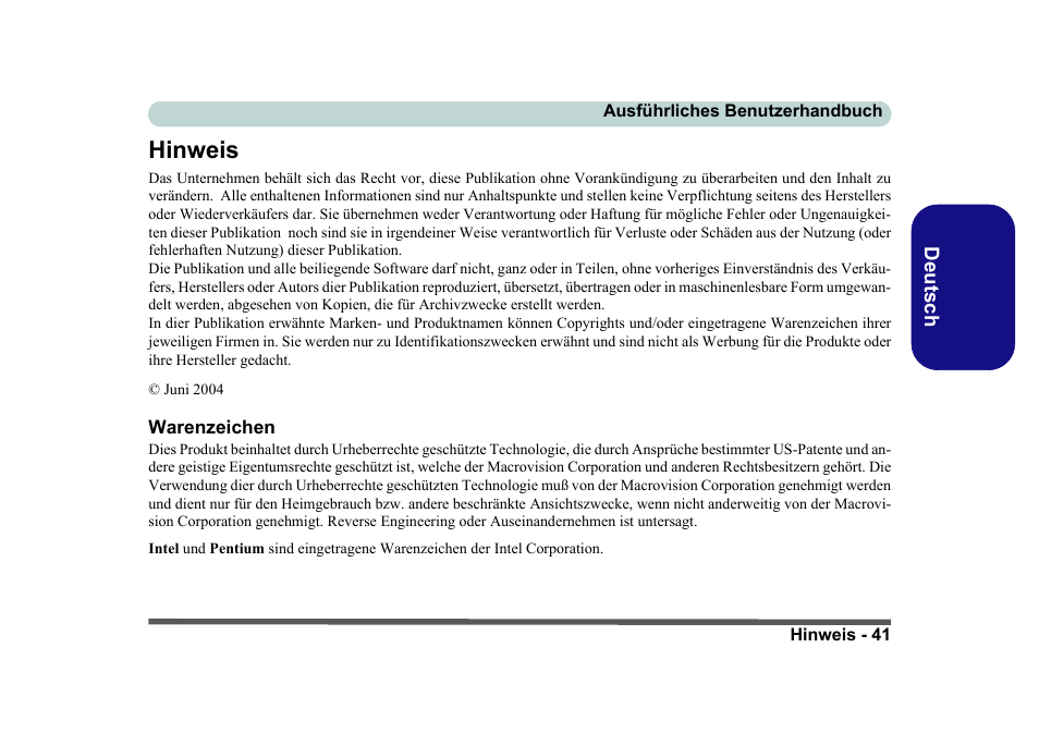Hinweis, Warenzeichen, Das e | Eurocom D40EV IMPRESSA User Manual | Page 47 / 206