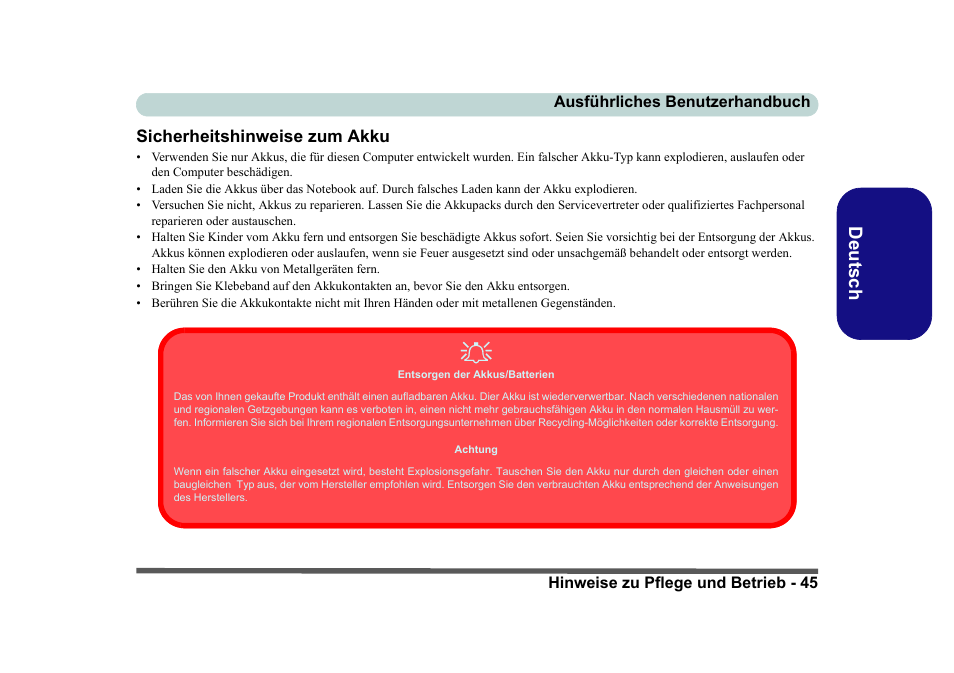 Sicherheitshinweise zum akku, Deutsch | Eurocom D40EV IMPRESSA User Manual | Page 51 / 206