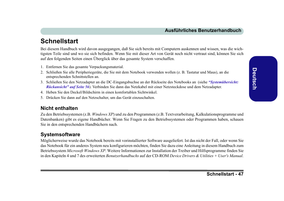 Schnellstart, Nicht enthalten, Systemsoftware | Eurocom D40EV IMPRESSA User Manual | Page 53 / 206