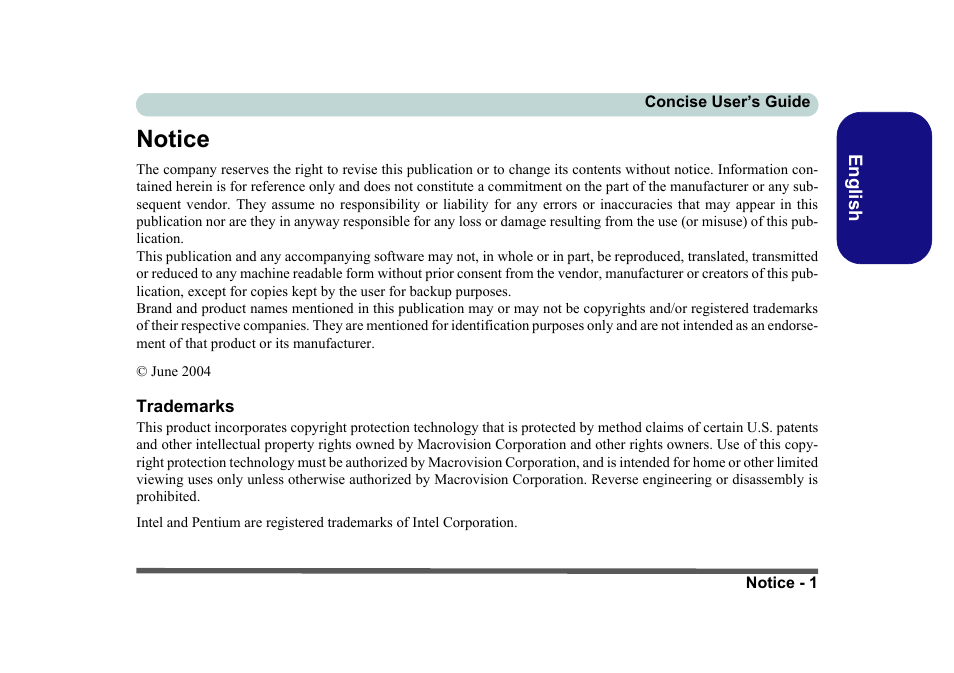 Notice, Trademarks | Eurocom D40EV IMPRESSA User Manual | Page 7 / 206