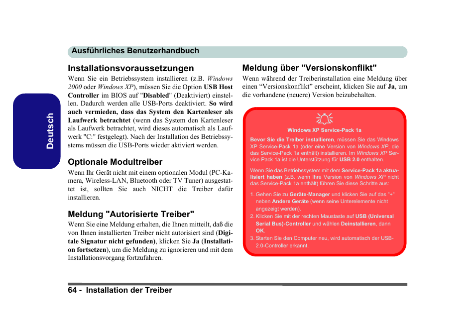 Installationsvoraussetzungen, Optionale modultreiber, Meldung "autorisierte treiber | Meldung über "versionskonflikt, Deutsch installationsvoraussetzungen | Eurocom D40EV IMPRESSA User Manual | Page 70 / 206