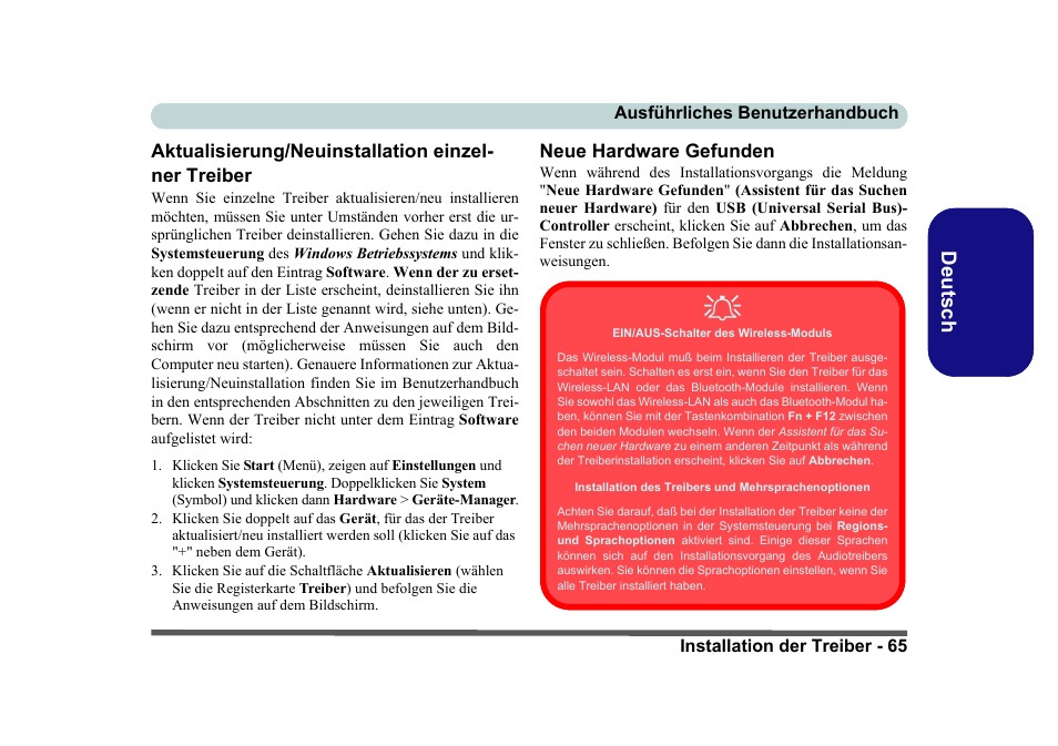 Aktualisierung/neuinstallation einzel ner treiber, Neue hardware gefunden, Deutsch | Eurocom D40EV IMPRESSA User Manual | Page 71 / 206