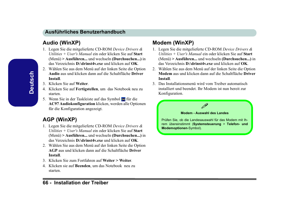 Audio (winxp), Agp (winxp), Modem (winxp) | Seite 66, Deutsch | Eurocom D40EV IMPRESSA User Manual | Page 72 / 206