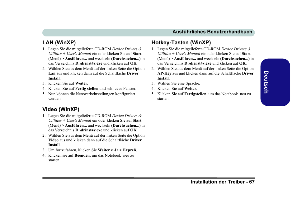 Lan (winxp), Video (winxp), Hotkey-tasten (winxp) | Seite 67, Deutsch | Eurocom D40EV IMPRESSA User Manual | Page 73 / 206