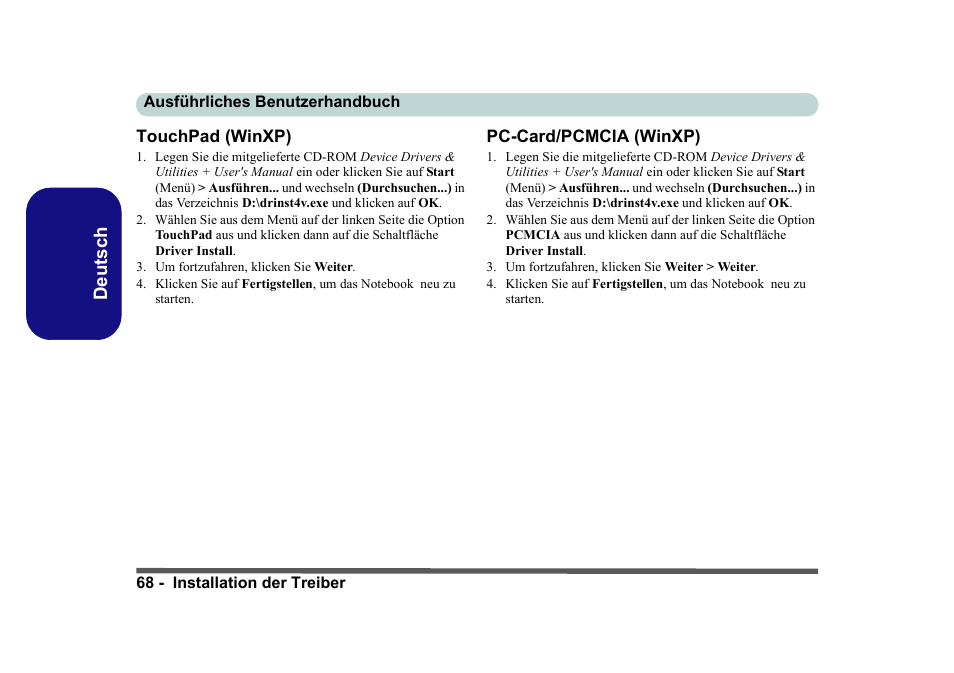 Touchpad (winxp), Pc-card/pcmcia (winxp), Seite 68 | Deutsch | Eurocom D40EV IMPRESSA User Manual | Page 74 / 206