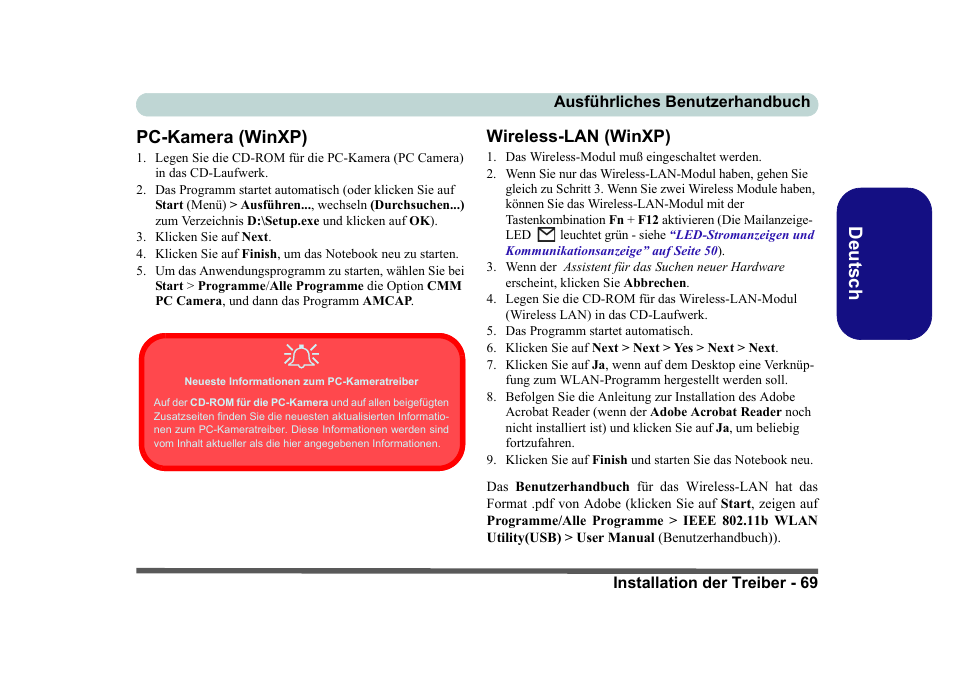 Pc-kamera (winxp), Wireless-lan (winxp), Seite 69 | Deutsch pc-kamera (winxp) | Eurocom D40EV IMPRESSA User Manual | Page 75 / 206