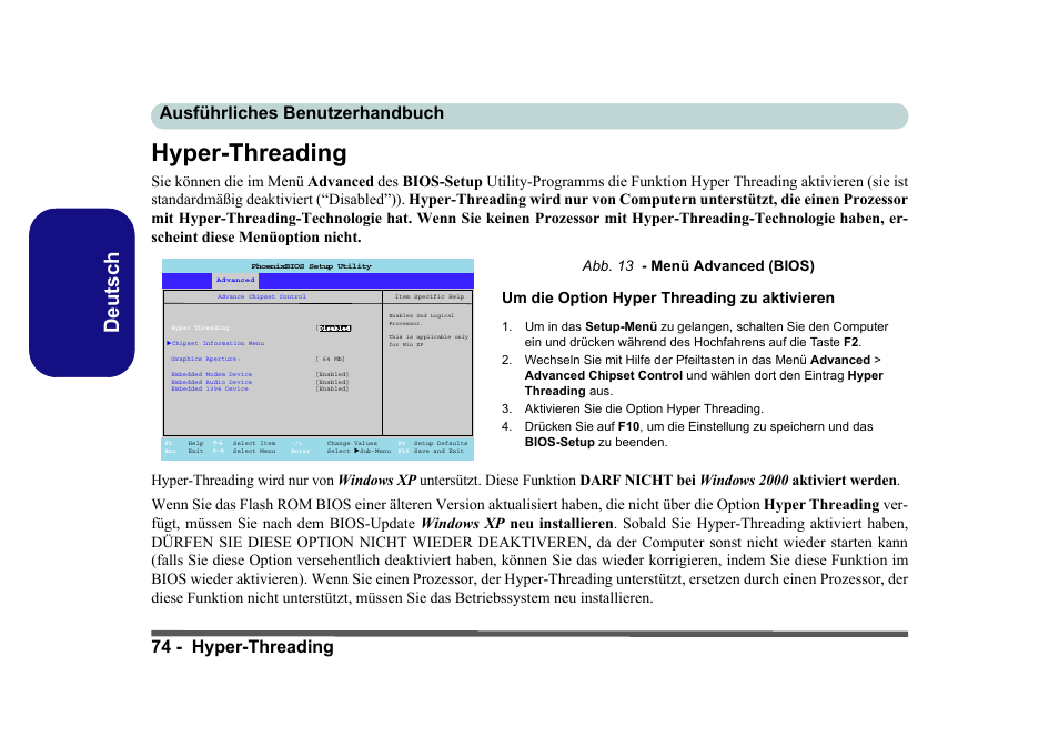 Hyper-threading, Deutsch, Um die option hyper threading zu aktivieren | Abb. 13 - menü advanced (bios) | Eurocom D40EV IMPRESSA User Manual | Page 80 / 206