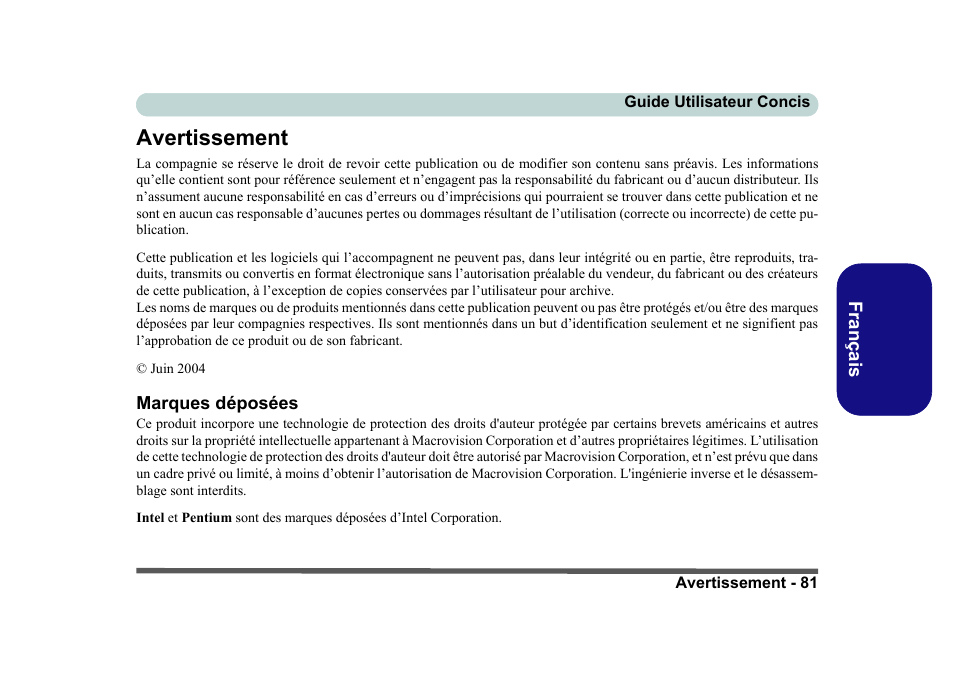 Avertissement, Marques déposées, Sommaire | Eurocom D40EV IMPRESSA User Manual | Page 87 / 206