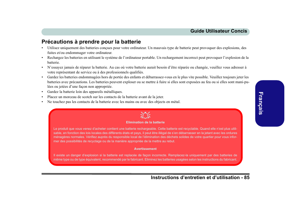 Précautions à prendre pour la batterie, Fr anç ais précautions à prendre pour la batterie | Eurocom D40EV IMPRESSA User Manual | Page 91 / 206